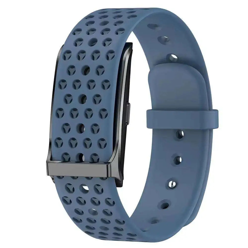 Blue AltaX élixir LOOP smart band displaying activity stats, heart rate, and sports modes on its screen.