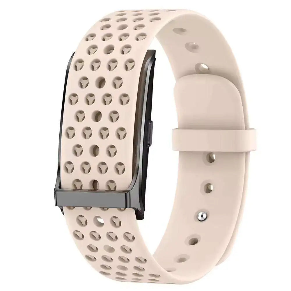 Pink AltaX élixir LOOP smart band displaying activity stats, heart rate, blood pressure, sleep tracking, and sports modes.