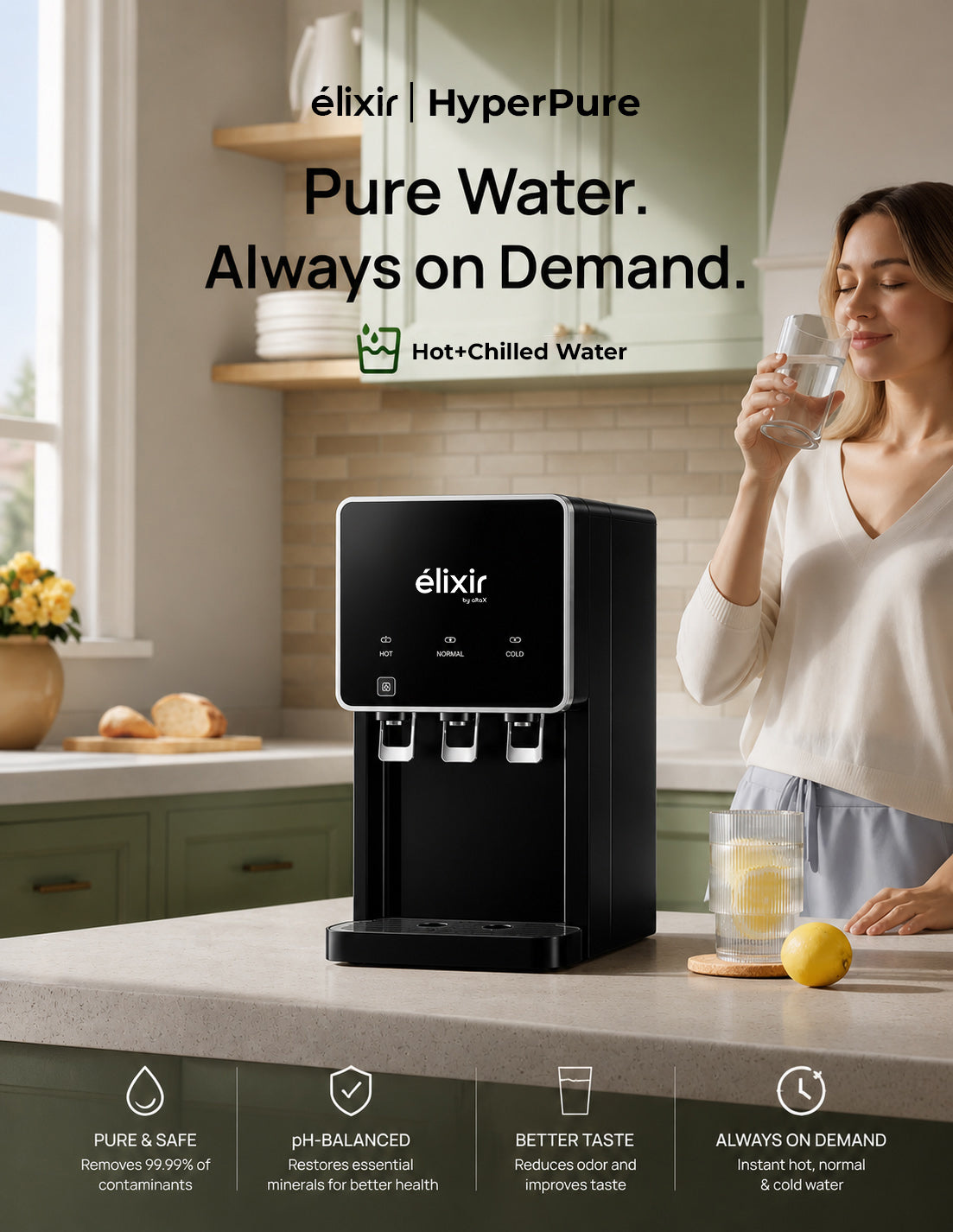 élixir (by altaX) HyperPure Flagship Water Purification System with in-Built Cooler | RO+UV+UF+Alkaline | Stainless Steel Tank | Advanced 6-Stage Filtration | Hot+Cold+Normal Water | pH-Boosted Alkaline Water