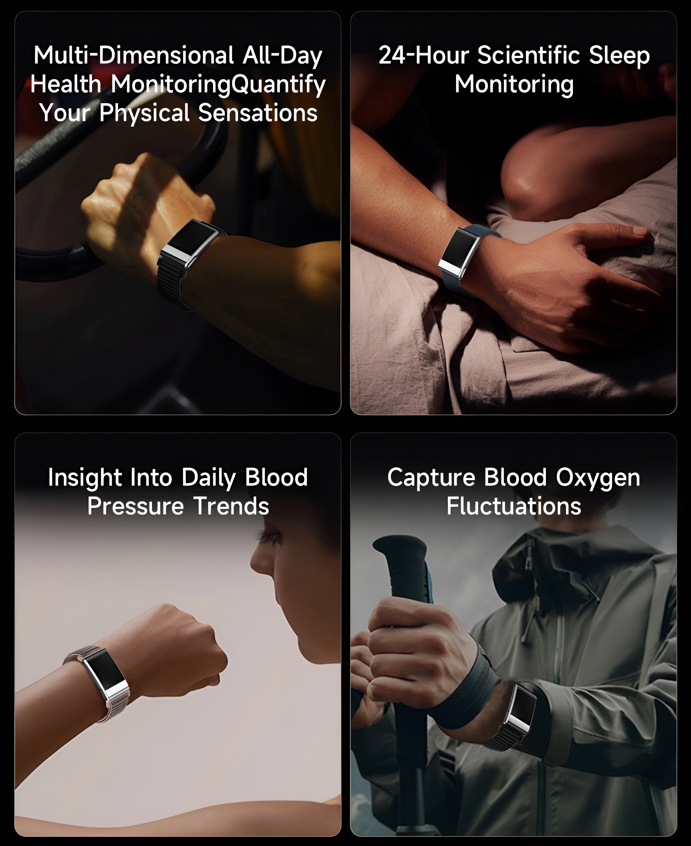 AltaX Sense health and fitness smart band with display showing HRV, ECG, SpO₂, BP, skin temp, and activity tracking.