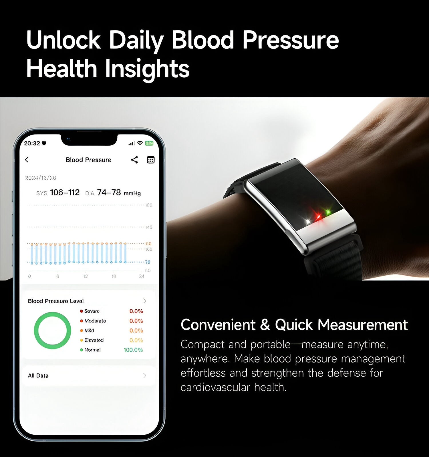 AltaX élixir Sense Smart Band displaying a sleek black fitness tracker with health metrics on its screen.
