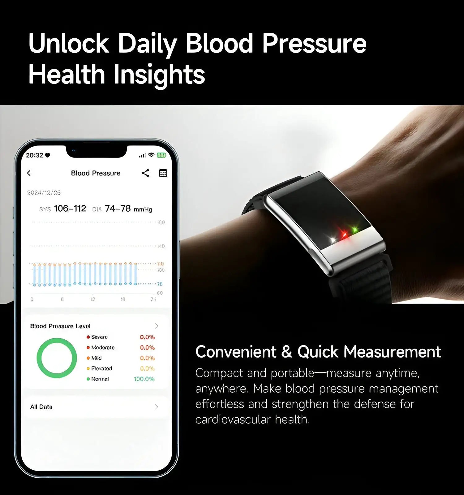 AltaX élixir Sense Smart Band displaying a sleek black fitness tracker with health metrics on its screen.