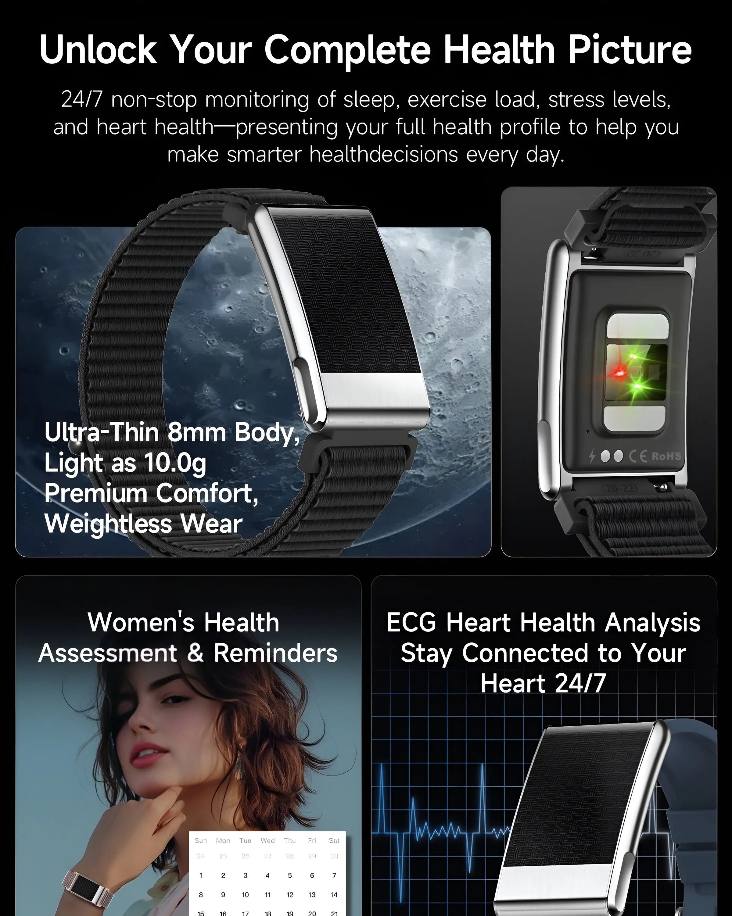 AltaX élixir Sense smart band displaying a sleek black fitness tracker with digital screen showing health metrics and activity data.