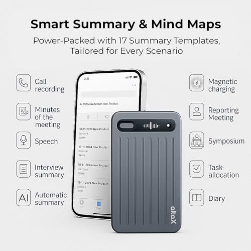 AltaX ThinkNote AI voice recorder with all-metal case, 64GB storage, capturing meetings and lectures in 118 languages.