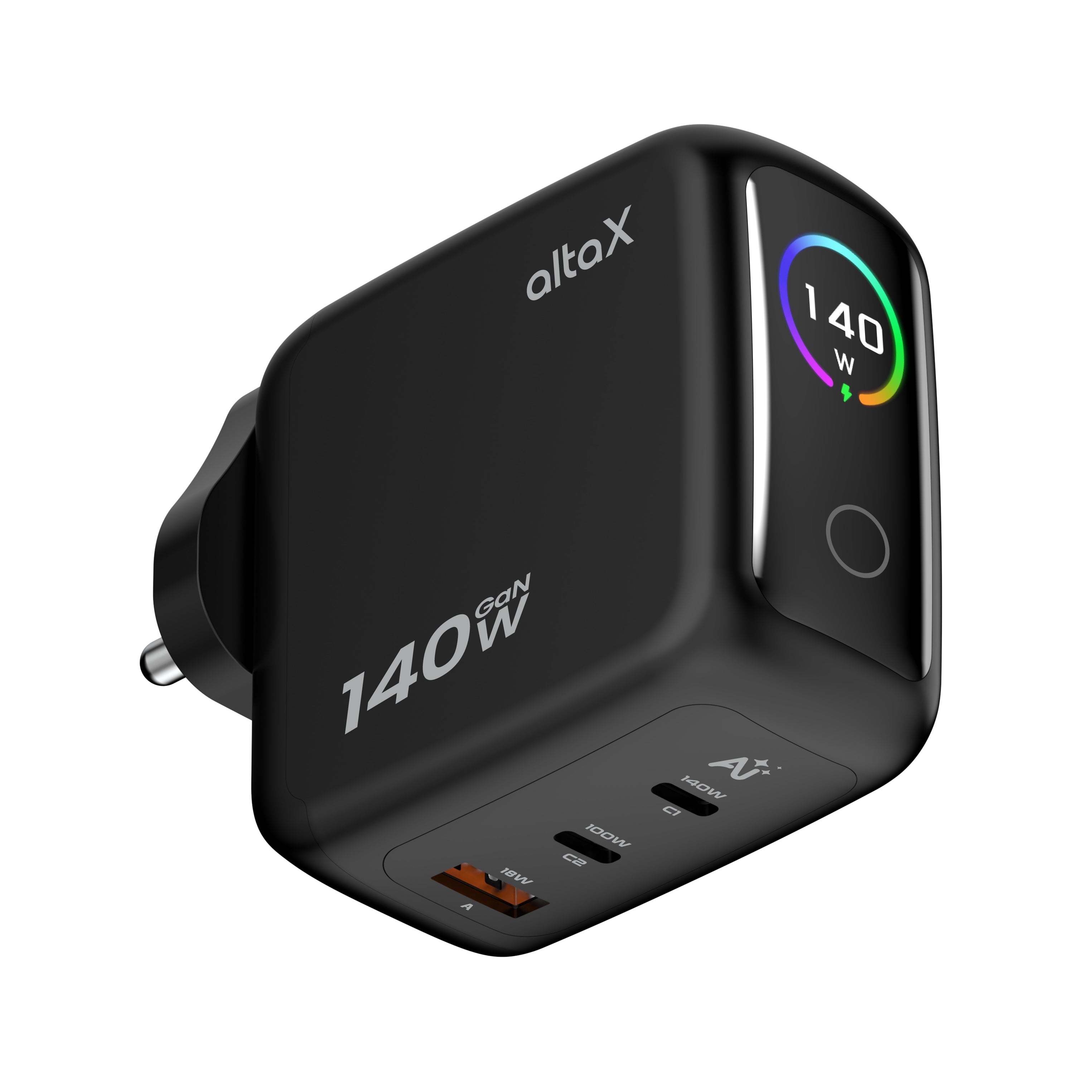 AltaX PowerBoost 140W smart wall charger with touch display, multiple ports, and compact design for MacBook, iPhone, and laptops.
