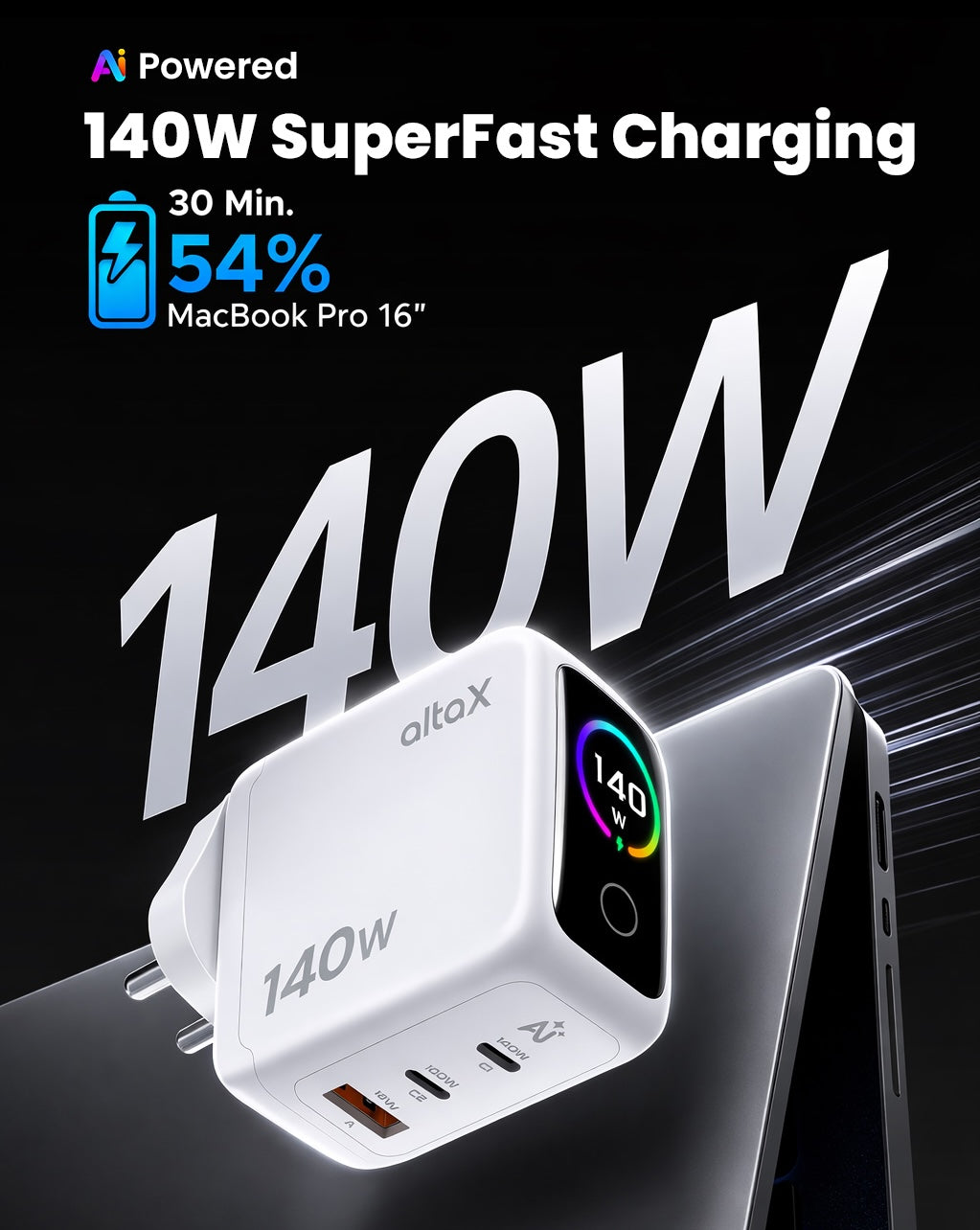 AltaX PowerBoost 140W GaN smart charger with touch display, AI features, and multiple ports for MacBook, iPhone, and laptops.