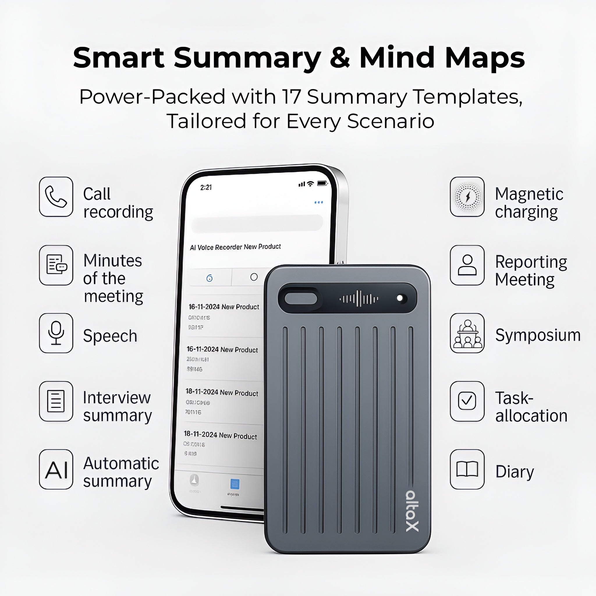 AltaX ThinkNote AI Note Taker & Voice Recorder with Unlimited AI Transcription and Auto Summary | Perfect for Meetings, Calls & Lectures | 118 Languages Supported | All-Metal Design w/Case | 64GB