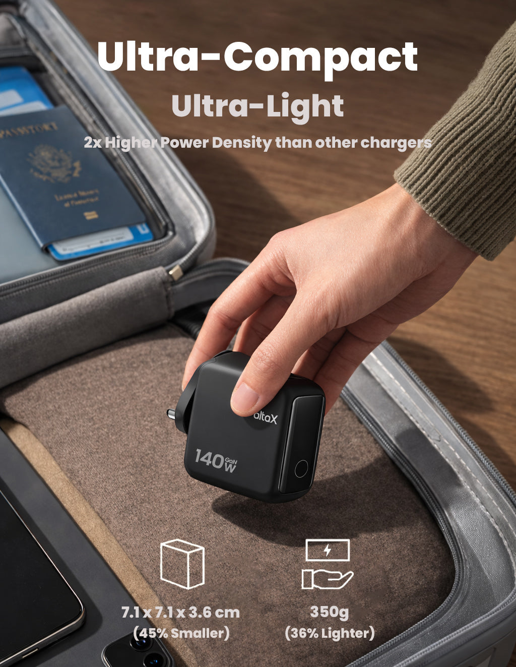 AltaX PowerBoost 140W GaN smart wall charger with touch display, AI features, USB-C and USB-A ports, compact design for MacBook and phones.