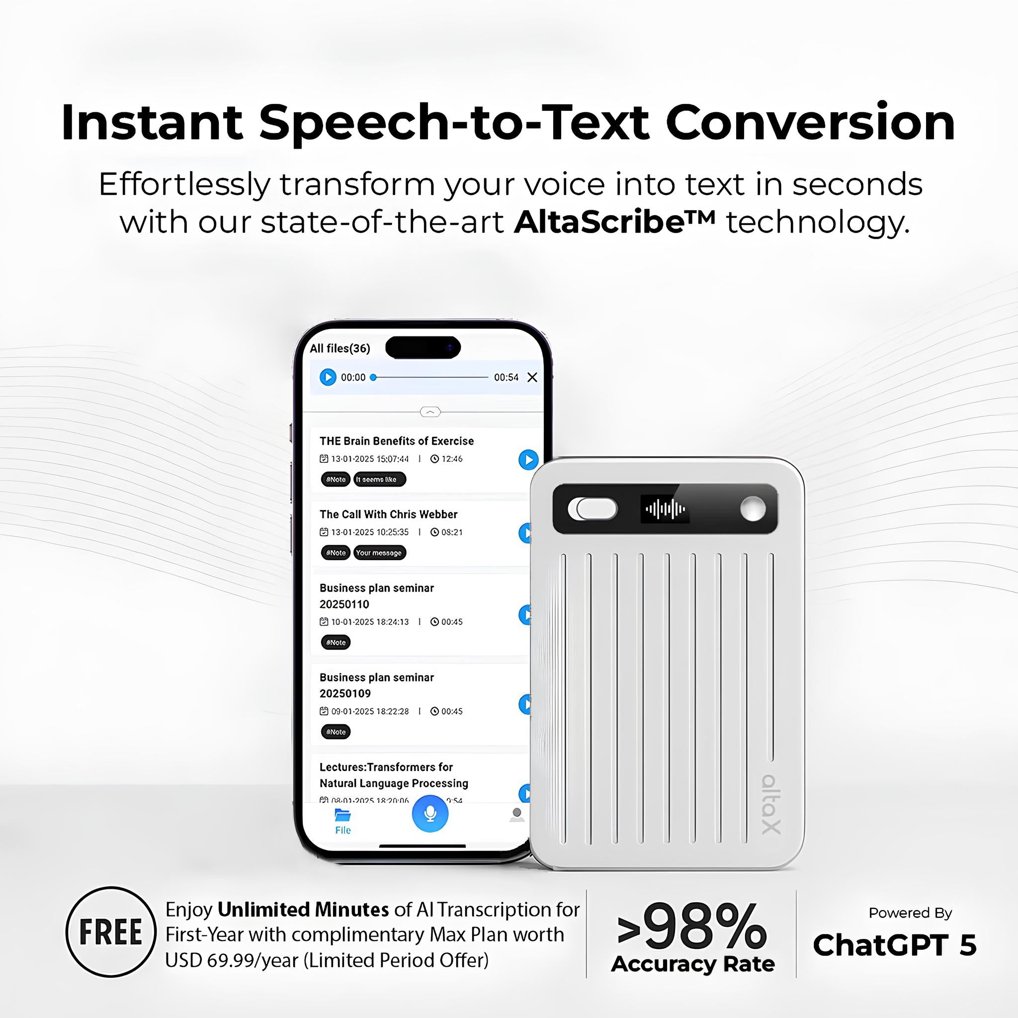 AltaX ThinkNote AI Note Taker & Voice Recorder with Unlimited AI Transcription and Auto Summary | Perfect for Meetings, Calls & Lectures | 118 Languages Supported | All-Metal Design w/Case | 64GB