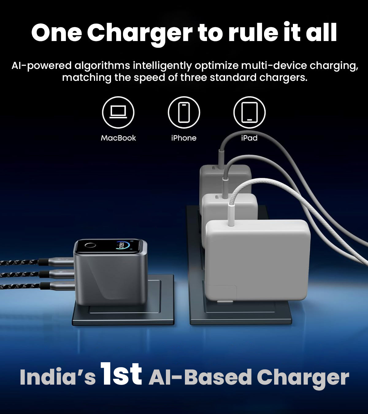 AltaX PowerBoost 140W GaN smart wall charger with touch display, AI features, and multiple ports for MacBook, iPhone, and laptops.