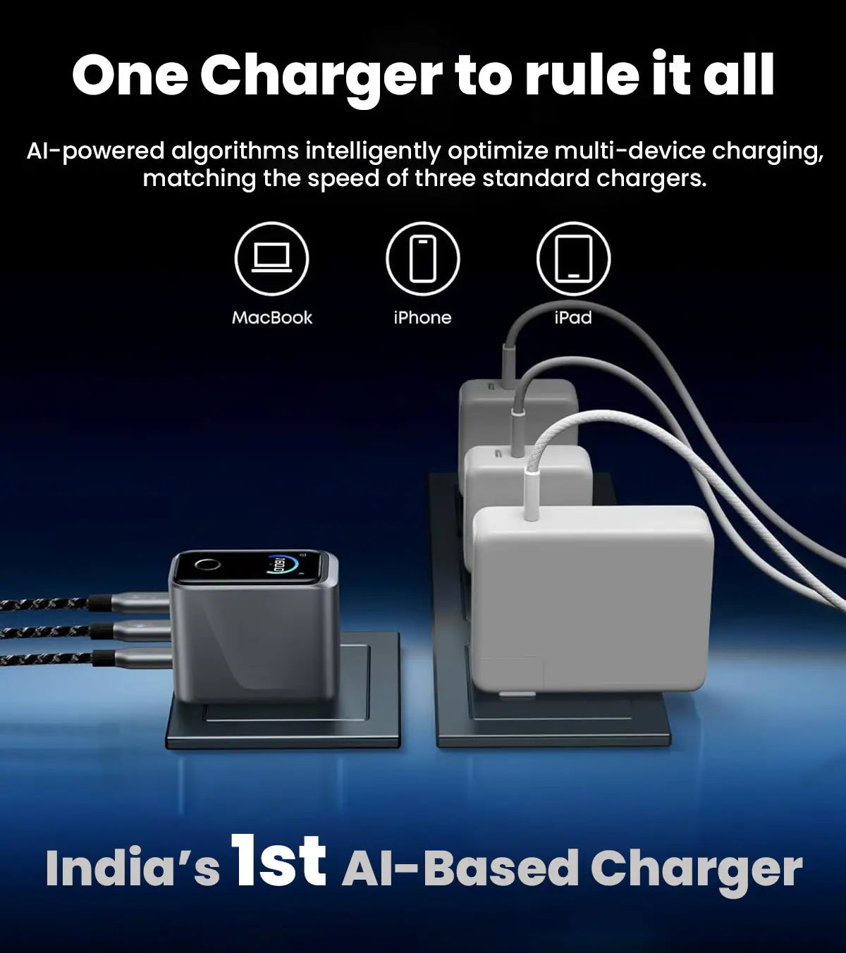 AltaX PowerBoost 140W GaN smart wall charger with touch display, AI features, and multiple ports for MacBook, iPhone, and laptops.