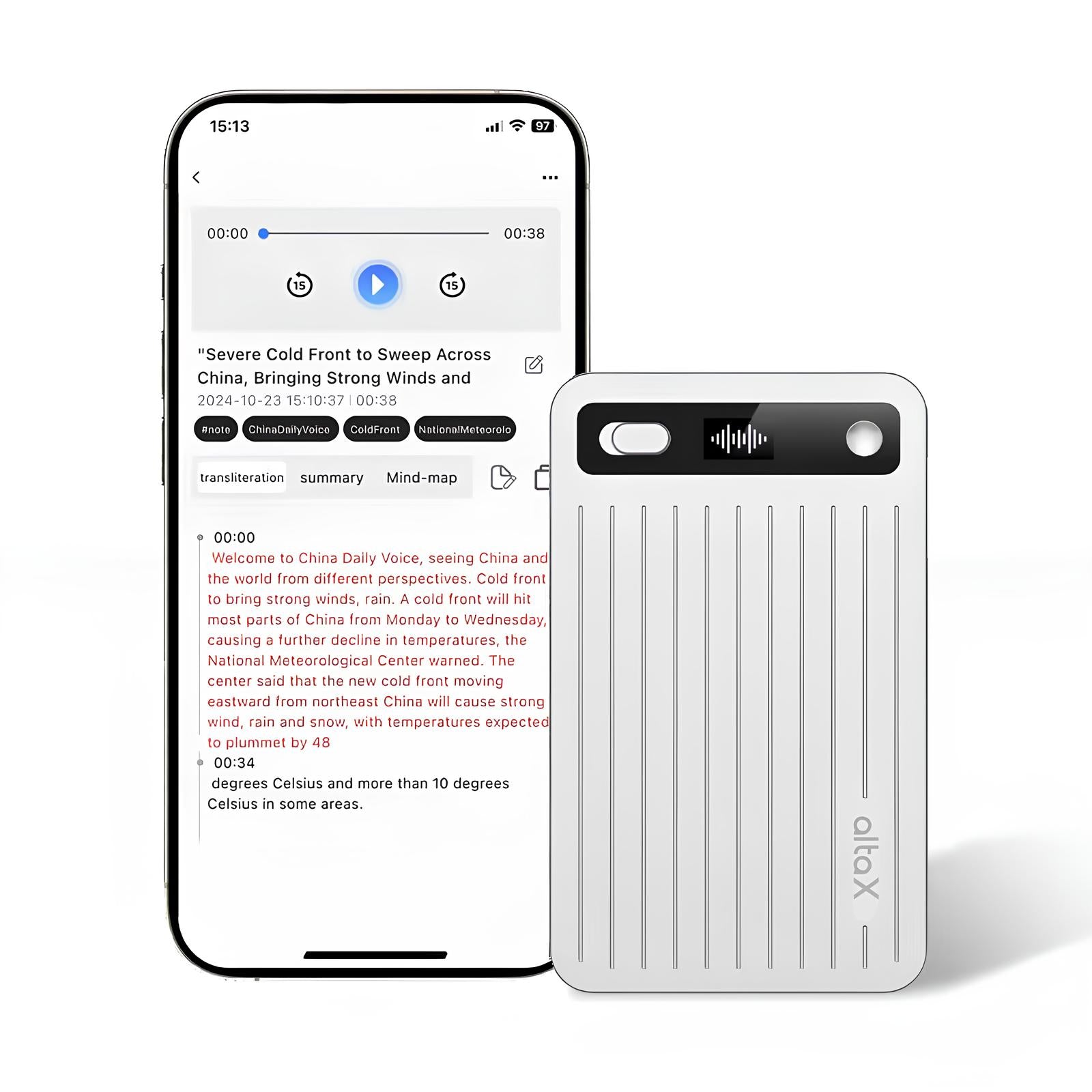 AltaX ThinkNote AI voice recorder with all-metal design, 64GB storage, capturing meetings, calls, and lectures in 118 languages.