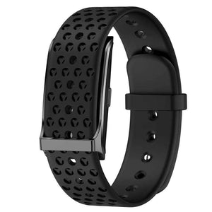 Black AltaX élixir LOOP smart band displaying activity stats, heart rate, and sleep tracking features on a user’s wrist.