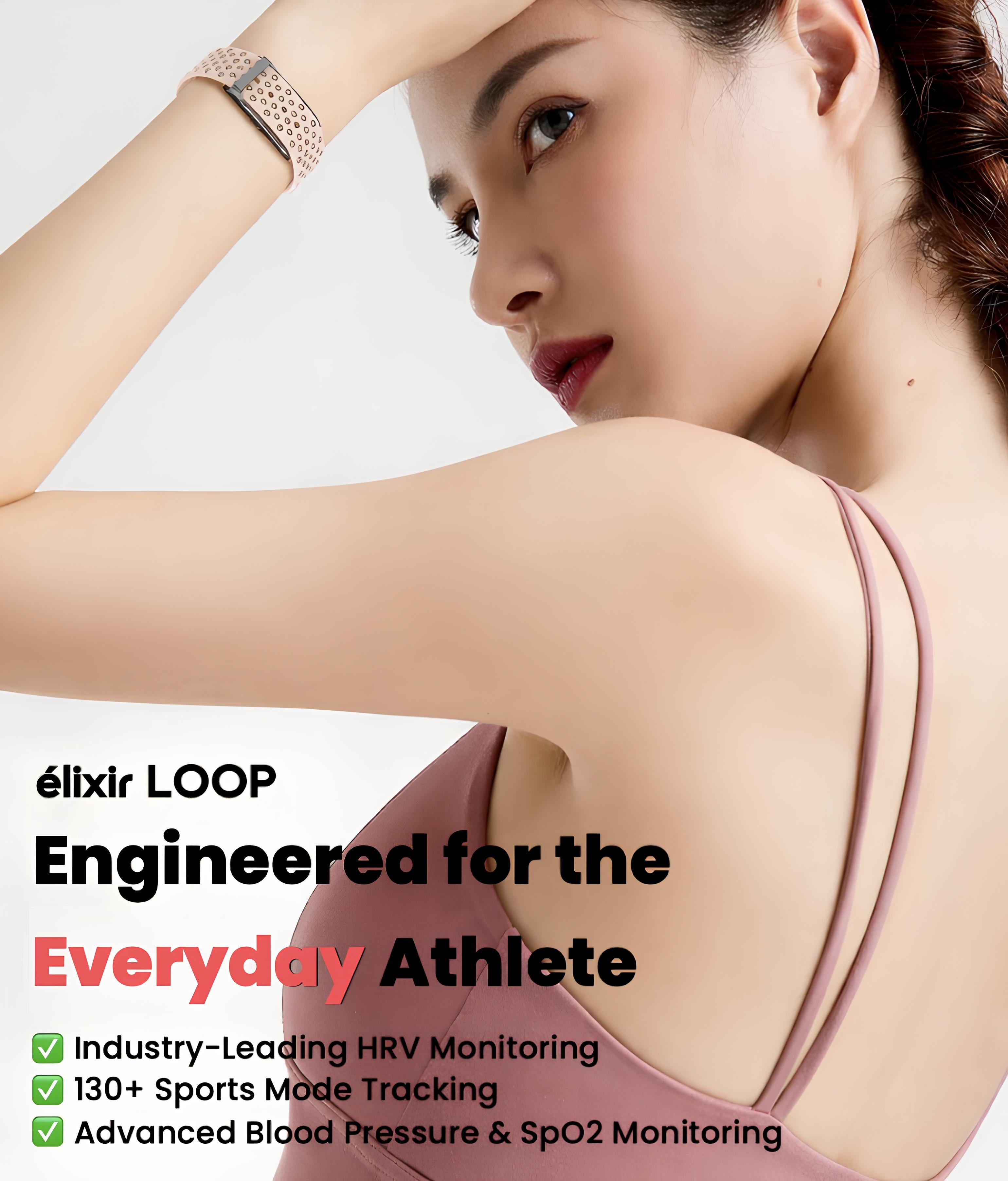 AltaX élixir LOOP smart band displaying a colorful fitness tracker screen with heart rate, sleep, and activity stats.