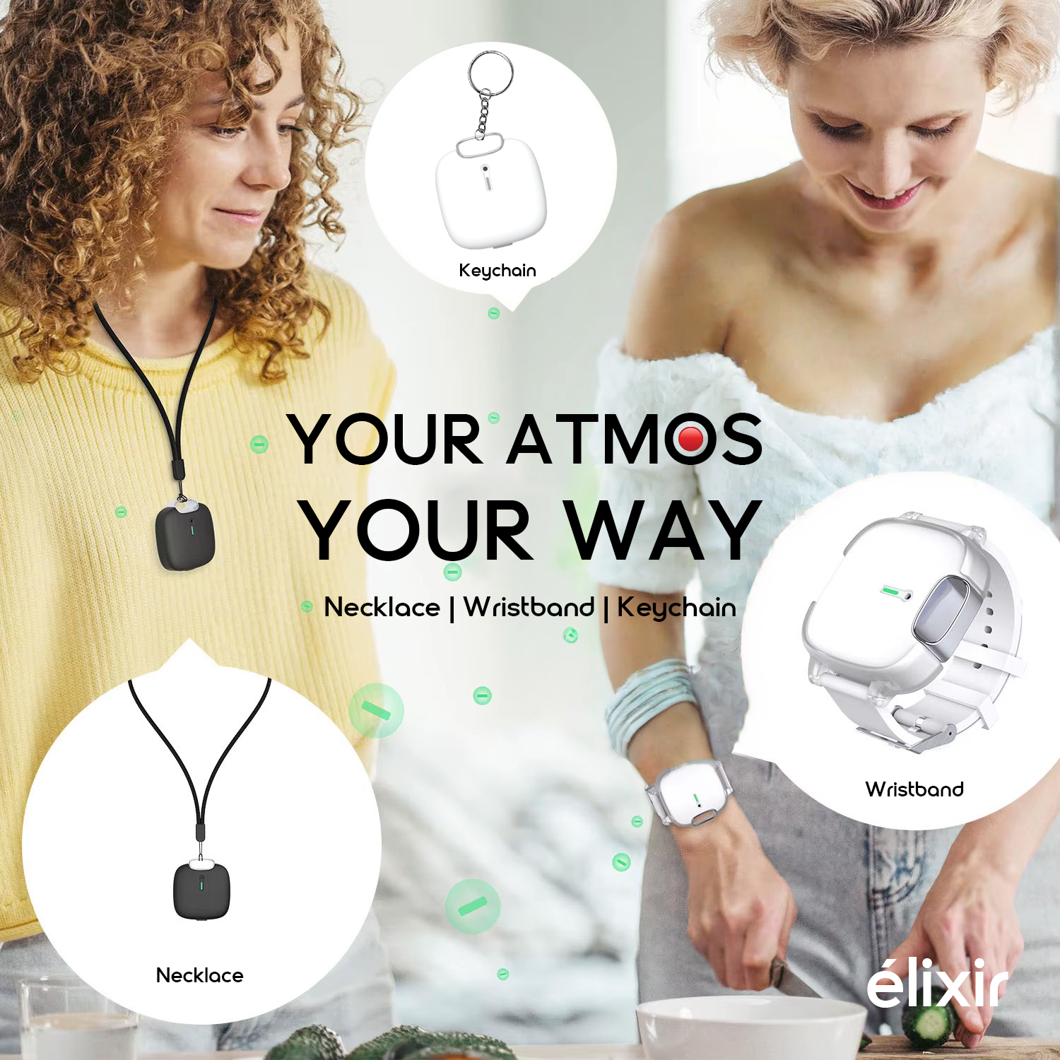 AltaX ATMOS 3-in-1 wearable air purifier with HyperRelease anion tech, removing 99.9% pollutants, viruses, and bacteria.