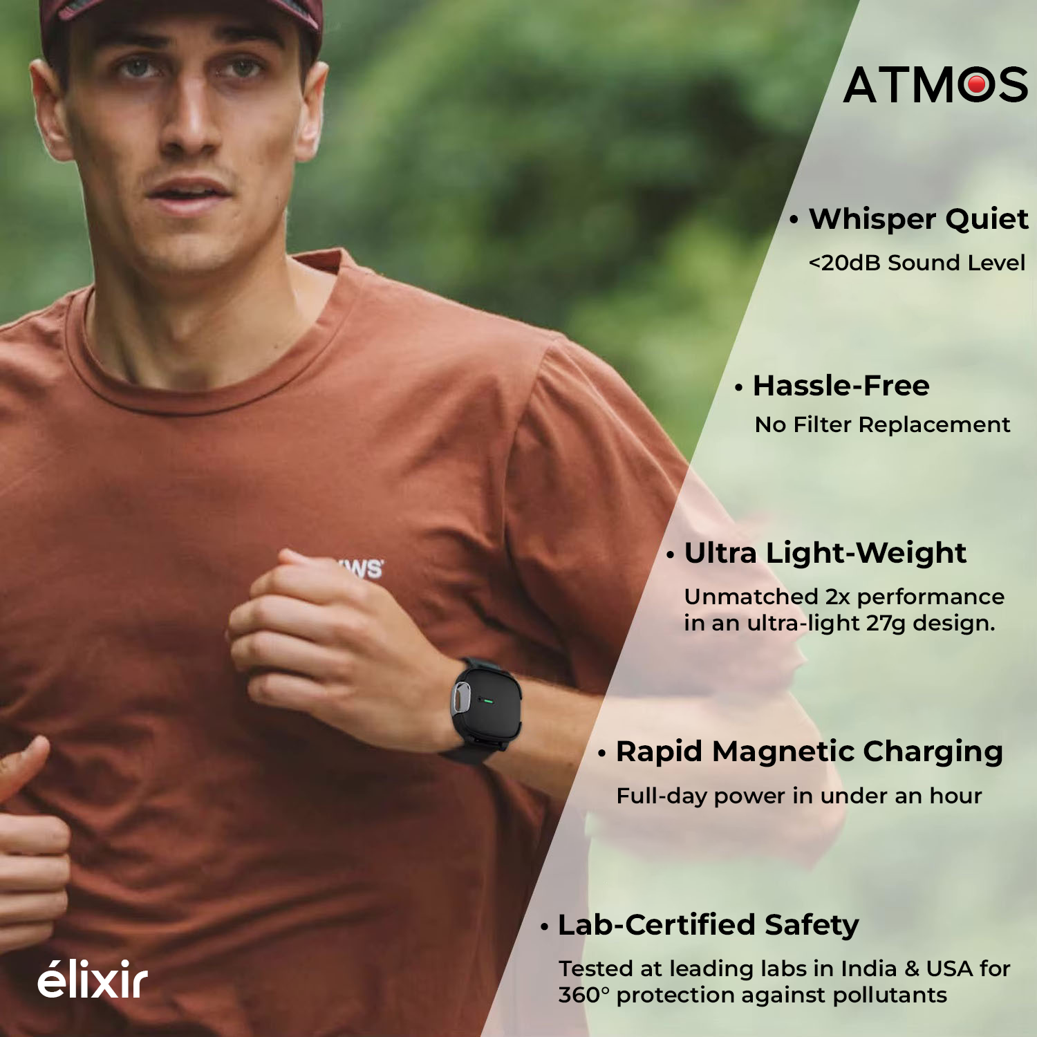 AltaX ATMOS 3-in-1 wearable air purifier with patented HyperRelease anion tech, removing 99.9% pollutants, viruses, and bacteria.