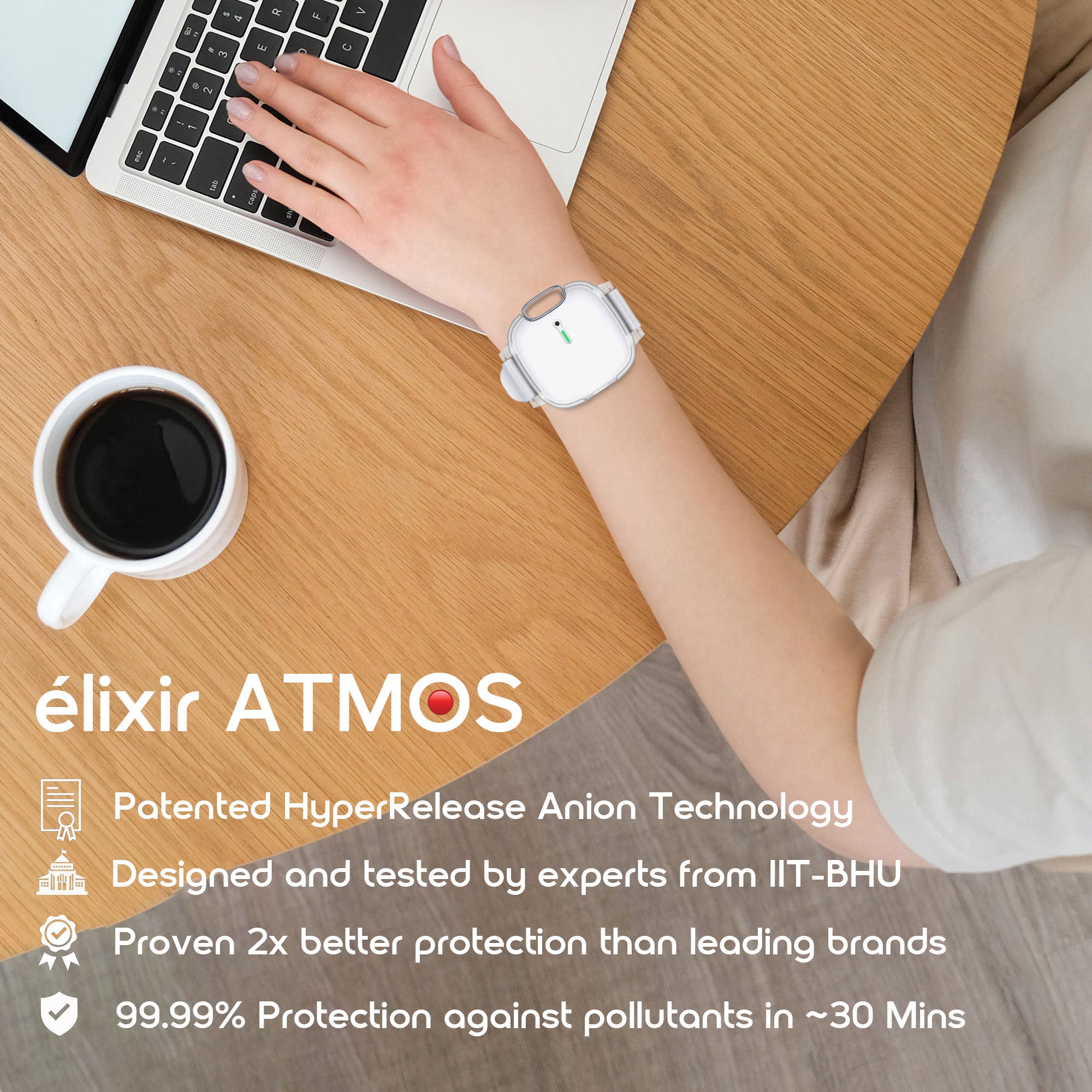 AltaX ATMOS 3-in-1 wearable air purifier with HyperRelease anion tech, compact filterless design for removing pollutants, viruses, bacteria.