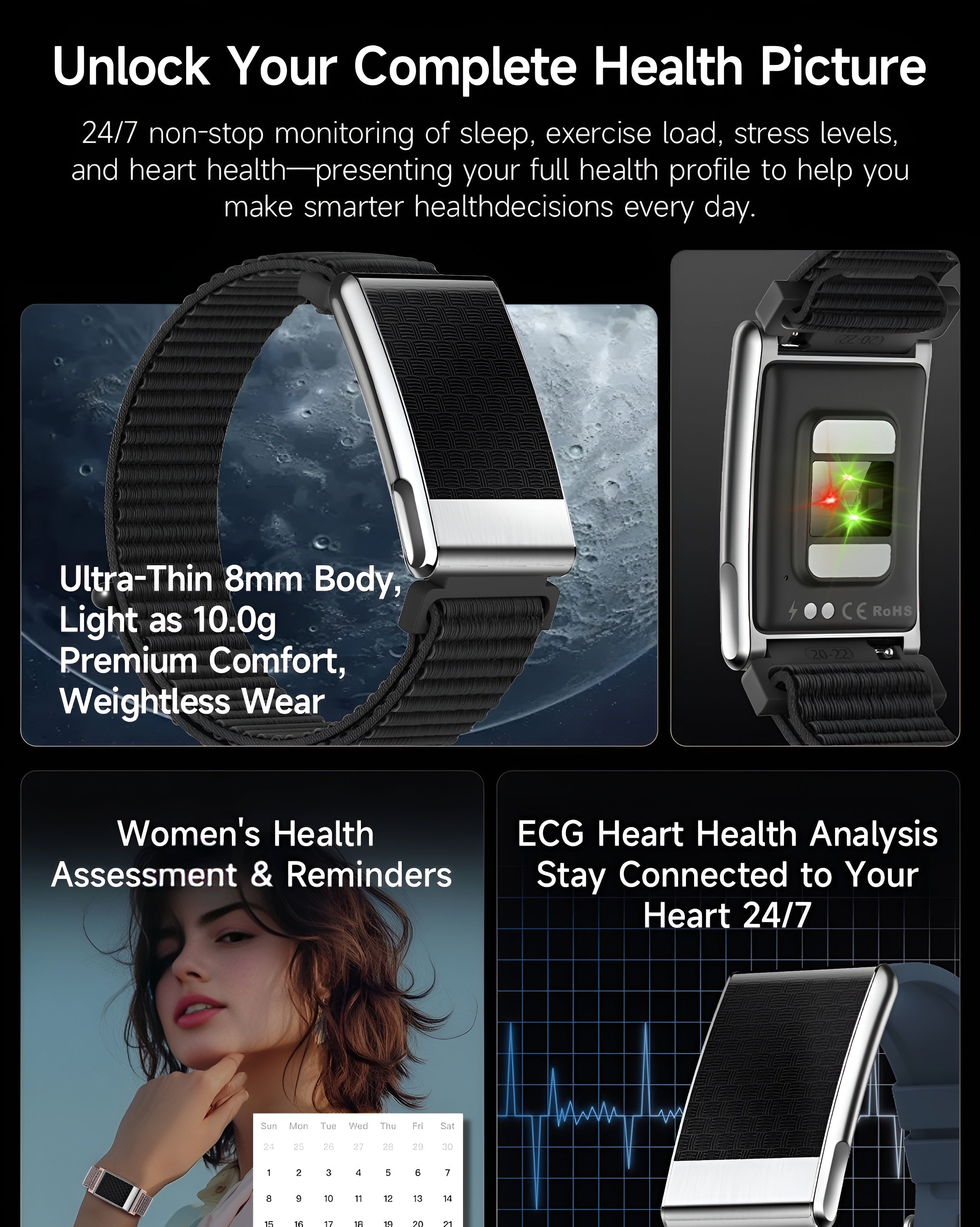 AltaX élixir Sense smart band displaying a sleek black fitness tracker with digital screen showing health metrics and activity data.
