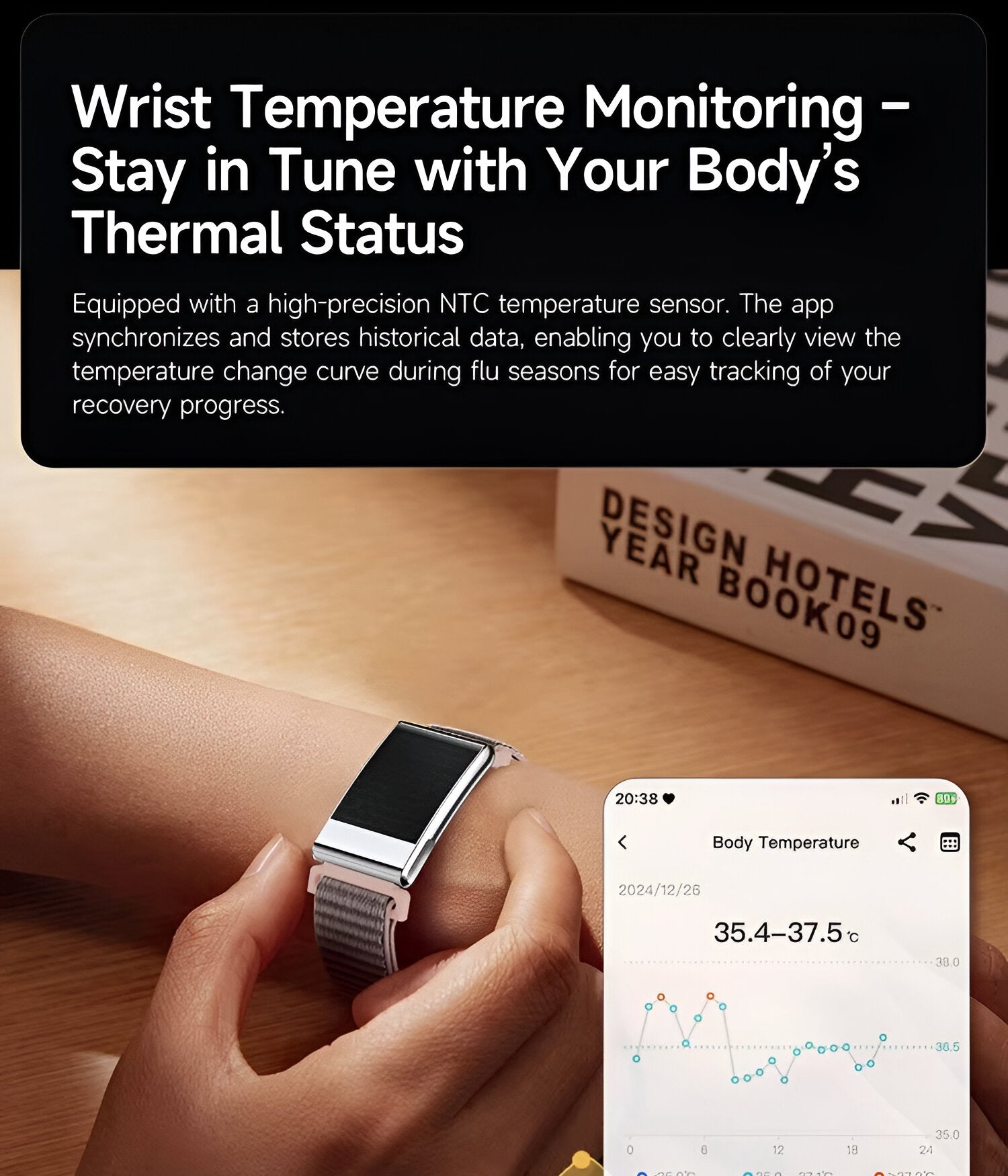 AltaX élixir Sense smart band tracking heart rate, ECG, SpO₂, blood pressure, skin temperature, sleep, stress, activity, and body composition.