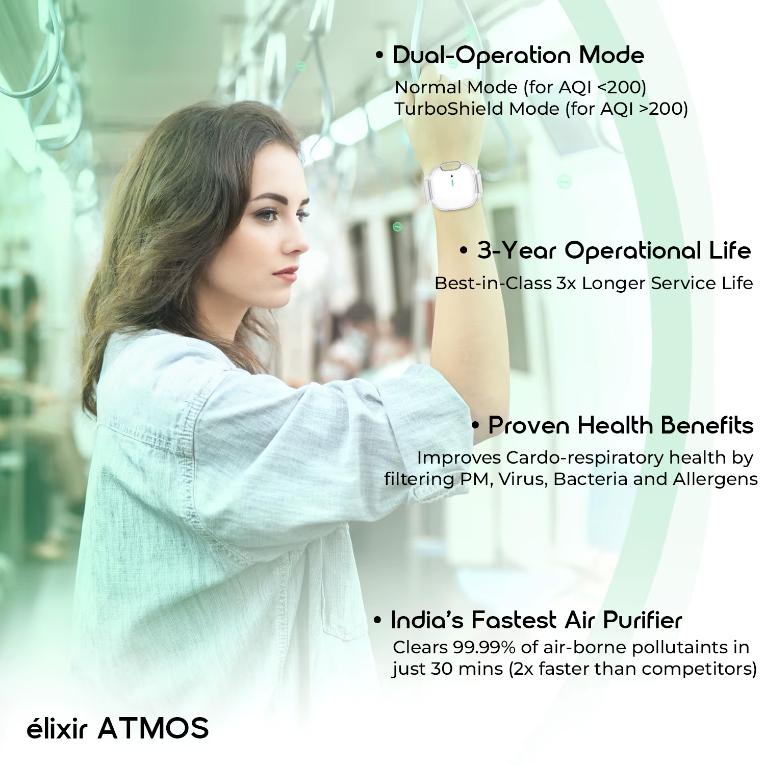 AltaX ATMOS 3-in-1 wearable air purifier with HyperRelease anion tech, removing 99.9% pollutants, viruses, and bacteria.