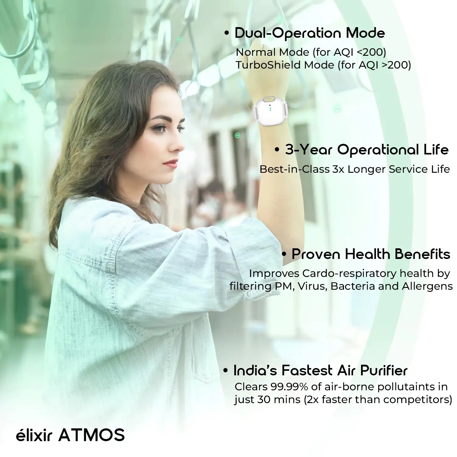 AltaX ATMOS 3-in-1 wearable air purifier with HyperRelease anion tech, removing 99.9% pollutants, viruses, and bacteria.