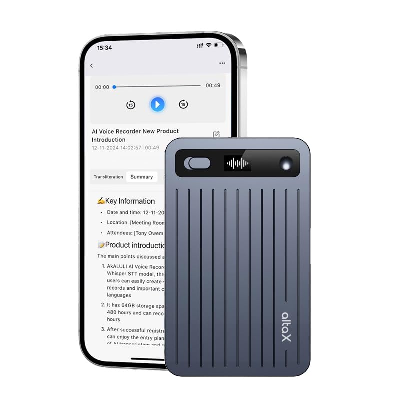 AltaX ThinkNote AI Voice Recorder with all-metal case, 64GB storage, capturing meetings and lectures in 118 languages with auto transcription