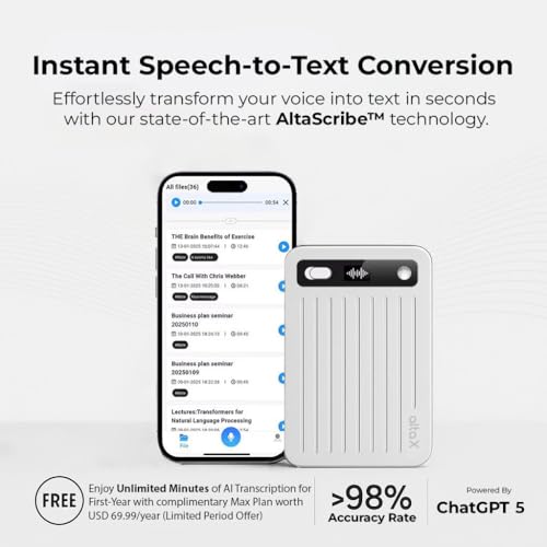 AltaX ThinkNote AI voice recorder with all-metal design, 64GB, supports 118 languages, ideal for meetings and lectures.