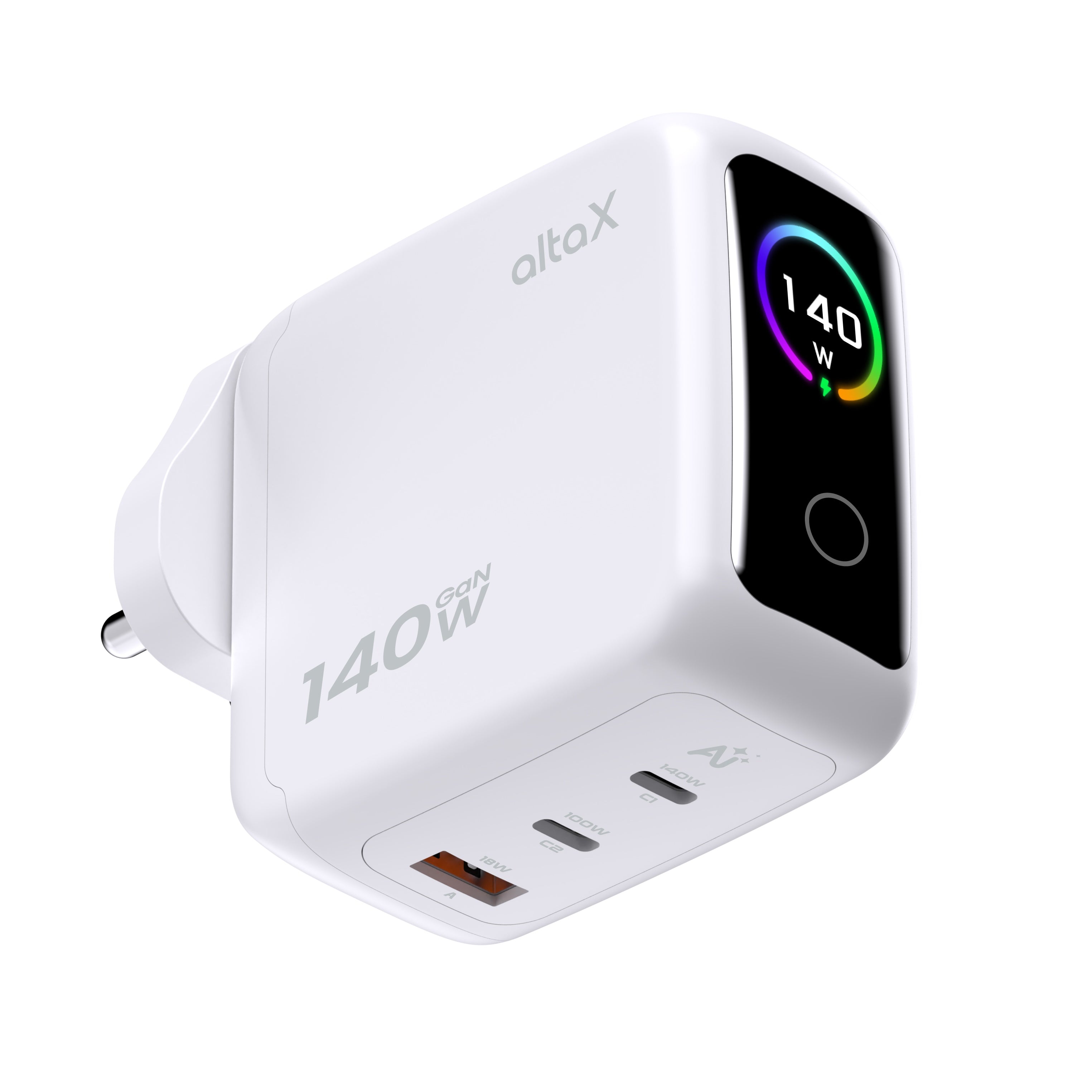 AltaX PowerBoost 140W smart GaN wall charger with touch display, compatible with MacBook, iPhone, laptops, and global outlets.