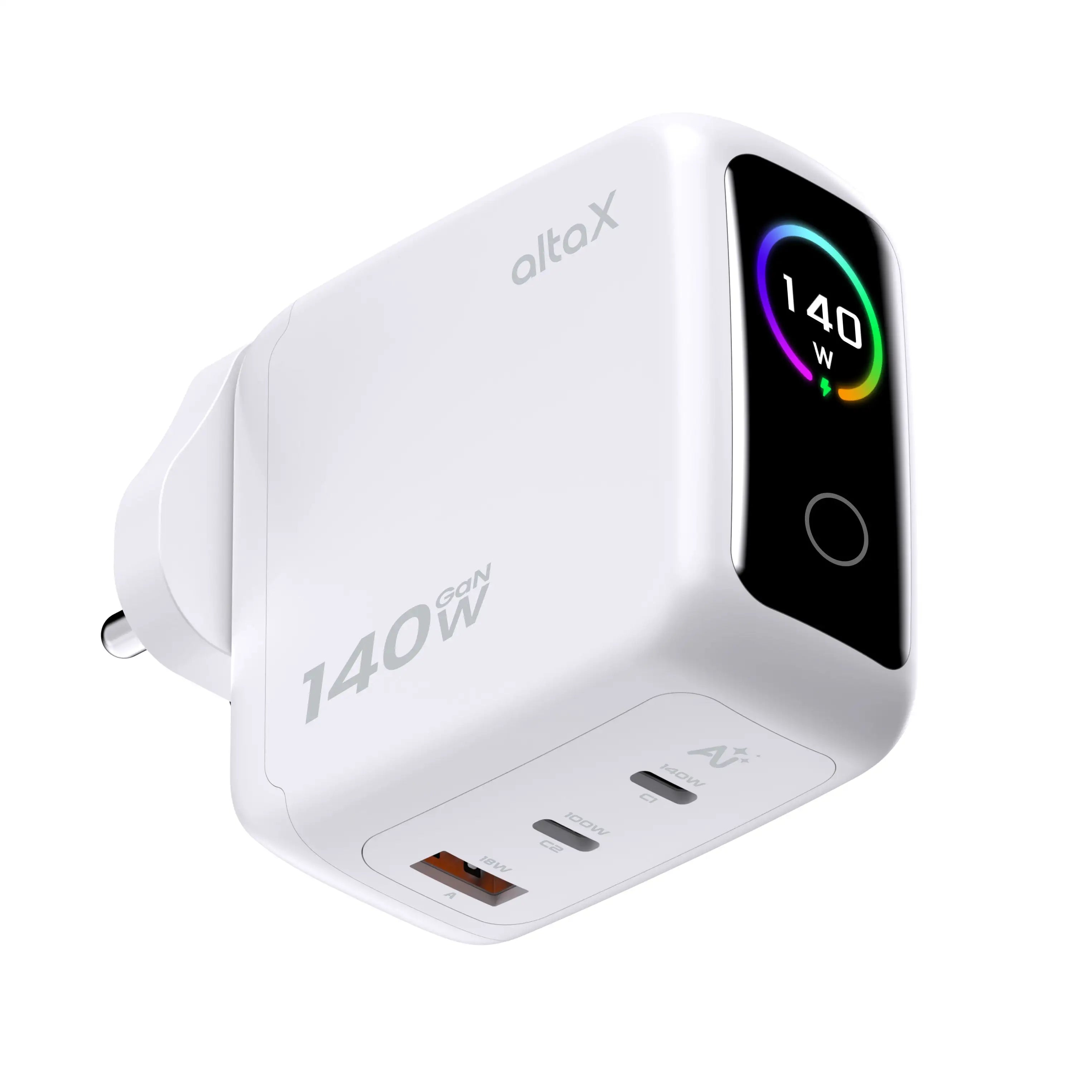 AltaX PowerBoost 140W smart GaN wall charger with touch display, compatible with MacBook, iPhone, laptops, and global outlets.