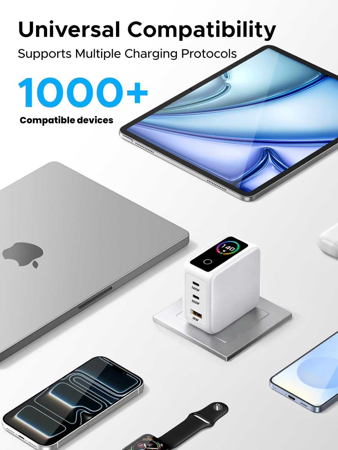 AltaX PowerBoost 140W GaN wall charger with smart display, touch control, AI features, and multiple ports for laptops and smartphones.